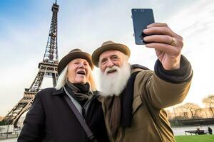 AI generated Happy smiling couple traveling in France taking selfie in Paris. Neural network AI generated photo