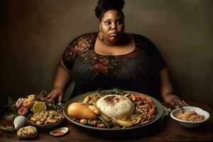 AI generated Dark skinned plus size girl and a lot of food. Neural network AI generated photo