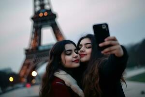 ai generado contento sonriente Pareja de viaje en Francia tomando selfie en París. neural red ai generado foto