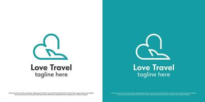 Airplane love logo design illustration. Silhouette of plane heart love affection couple engaged husband wife honeymoon married trip travel tourist journey. Simple minimal feminine sweet happy icon. vector