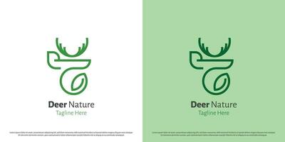 Deer leaf logo design illustration. Silhouette animal mascot deer nature leaf tree green plant antlers head. Simple icon symbol minimal minimalist creative abstract nature modern zoo elegant art. vector