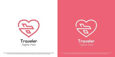 Adventure love logo design illustration. Heart shape outline silhouette of plane trip honeymoon outdoor travel. Simple flat icon symbol feminine smooth fancy joyfull geometric minimal minimalist. vector