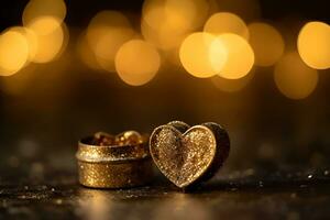 AI generated Gold hearts, glitters and bokeh background. Neural network AI generated photo