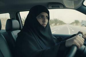 AI generated Beautiful muslim woman driving car. Neural network AI generated photo