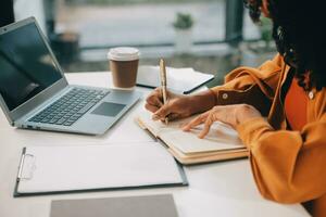 Finance manager meeting discussing company growth project success financial statistics, professional investor working start up project for strategy plan with document, laptop and digital tablet. photo