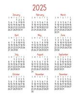 Calendar template for the year 2025 in simple minimalist style, week starts on Sunday, vector printable page