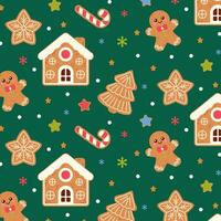 Seamless pattern with cute Christmas gingerbread cookies. Gingerbread man, Christmas tree, gingerbread house and gingerbread cookies on a green background. Vector illustration