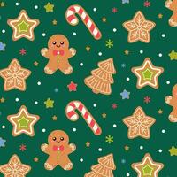 Seamless pattern with cute Christmas gingerbread cookies. Gingerbread man, Christmas tree, star, snowflakes and gingerbread cookies on a green background. Vector illustration