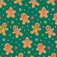 Seamless pattern with cute Christmas gingerbread cookies. Gingerbread mans with a colored scarf, star and gingerbread cookies on a green background. Vector illustration