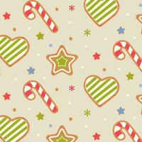 Seamless pattern with cute Christmas gingerbread cookies. Candy cane, heart, star, gingerbread on a beige background. Vector illustration