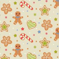 Seamless pattern with cute Christmas gingerbread cookies. Gingerbread man, lollipop cane, heart, star, snowflake and gingerbread cookies on a beige background. Vector illustration