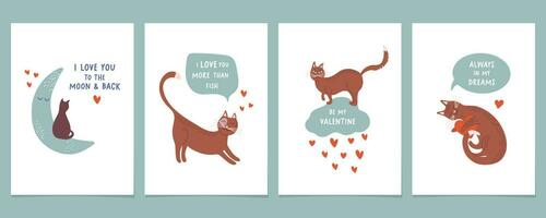 contento San Valentín día. linda romántico tarjeta plantillas con gatos, corazones y declaraciones de amor. gracioso fiesta huellas dactilares. plano estilo vector ilustraciones.