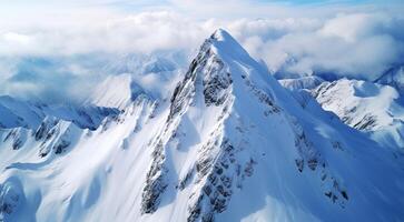 AI generated panorama of the mountains, view from the top of the mountain, snowy mountain, snow covered mountains in winter photo