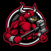 angry bull mascot with hammer weapon vector