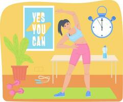 Fitness blogger do workout on camera in home studio background. vector