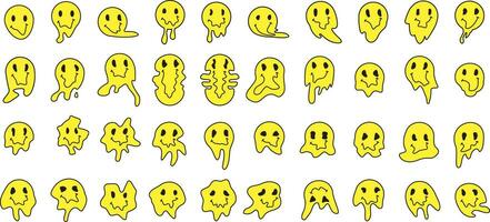 Melting or dripping smile set. Psychedelic faces isolated on white background. Bad trip concept. vector