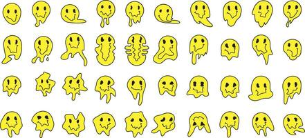 Melting or dripping smile set. Psychedelic faces isolated on white background. Bad trip concept. vector