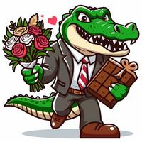 Vector illustration of crocodile carrying chocolates and flowers. Vector eps 10