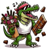 Vector illustration of crocodile carrying chocolates and flowers. Vector eps 10