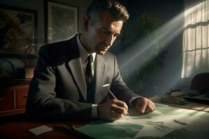 AI generated Man in suit writing at the table. Generate ai photo
