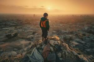 AI generated Kid survival standing on top of huge buildings waste pile. Generate ai photo