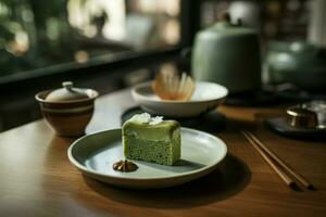 AI generated Matcha green dessert plate. Generate ai photo