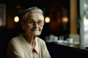 ai generado sonriente mayor dama con los anteojos en restaurante. generar ai foto