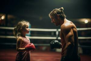 AI generated Little girl training with coach in boxing ring in evening. Generate Ai photo