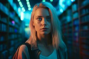 AI generated Future blond woman in neon illuminated room. Generate ai photo