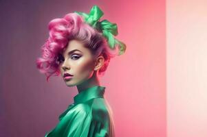 AI generated Cute woman with fashion pink hairstyle with green ribbon. Generate ai photo