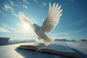 AI generated Dove and open bible on blue sky view. Generate ai photo