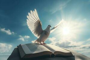 AI generated Dove on open bible book with blue sunny sky view. Generate ai photo