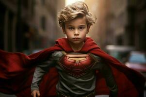 AI generated Little boy superhero strong. Generate Ai photo