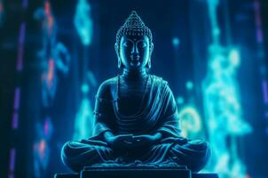 AI generated Buddha statue blue neon illumination. Generate ai photo