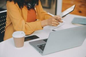Finance manager meeting discussing company growth project success financial statistics, professional investor working start up project for strategy plan with document, laptop and digital tablet. photo