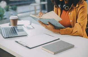 Finance manager meeting discussing company growth project success financial statistics, professional investor working start up project for strategy plan with document, laptop and digital tablet. photo