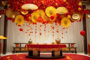 AI generated a table topped with lots of red and yellow paper fans photo