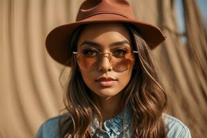 ai generado retrato de joven elegante niña modelo en casual verano ropa en marrón sombrero con natural maquillaje en lentes aislar foto