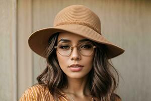 ai generado retrato de joven elegante niña modelo en casual verano ropa en marrón sombrero con natural maquillaje en lentes aislar foto