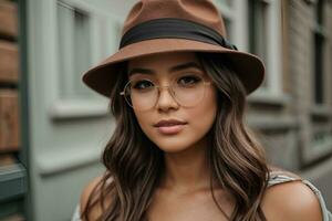 ai generado retrato de joven elegante niña modelo en casual verano ropa en marrón sombrero con natural maquillaje en lentes aislar foto