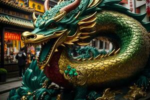 AI generated a close up of a dragon statue on a city street a digital painting photo