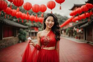 ai generado un mujer en un rojo vestir participación un rojo ventilador foto