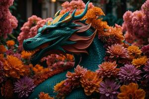 AI generated sculpture of a dragon surrounded by flowers photo