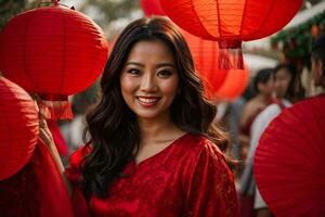 ai generado un mujer en un rojo vestir participación un rojo ventilador foto