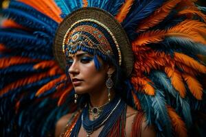 ai generado un mujer en un disfraz con plumas en su cabeza, píxeles, fuerte azul y naranja colores foto