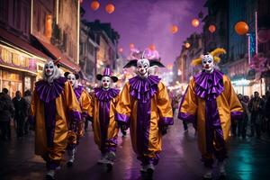 ai generado un grupo de payasos caminando abajo un calle a noche foto