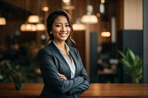 ai generado sonriente confidente mujer de negocios posando con brazos doblada foto