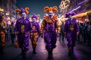 AI generated a group of clowns walking down a street at night photo