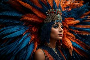 AI generated a woman in a costume with feathers on her head, pixels, strong blue and orange colors photo