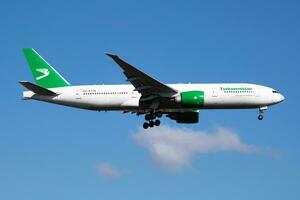 Istanbul, Turkey, 2019 - Turkmenistan Airlines Boeing 777-200 EZ-A779 passenger plane arrival and landing at Istanbul Ataturk Airport photo